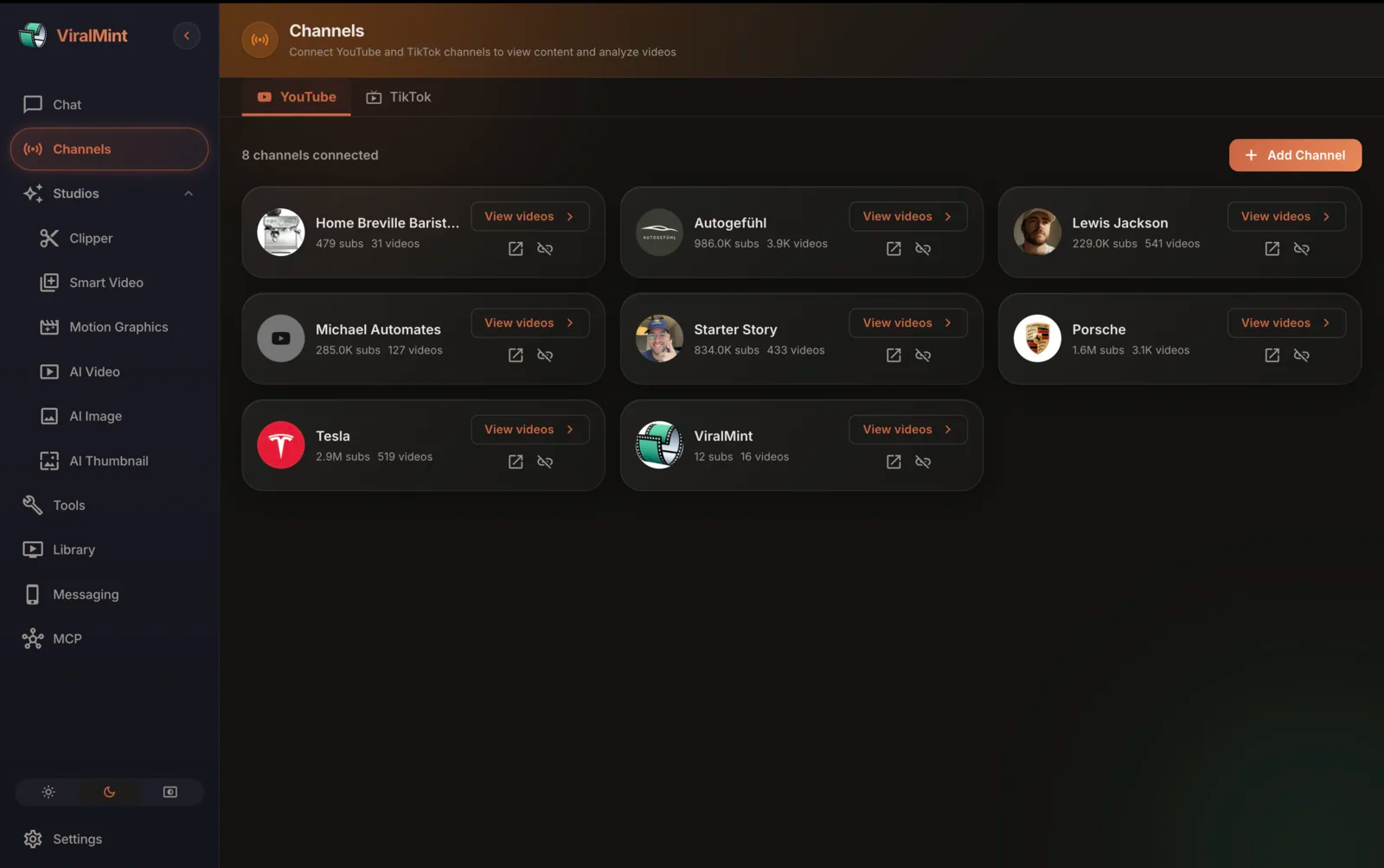 ViralMint channel analysis view showing a competitor's videos transcribed locally with Whisper, each annotated with extracted hook, structure and tone insights.