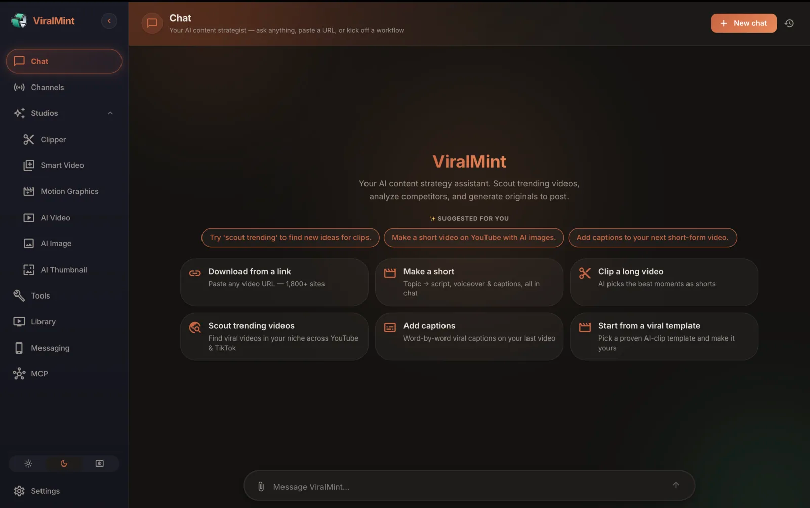 ViralMint Chat page with nine starter capability tiles — Scout trending videos, Analyze a channel, Download a video, Generate AI video, Scout trending news, Set up automation, Plan content calendar, Connect Telegram bot, Top videos from a channel.