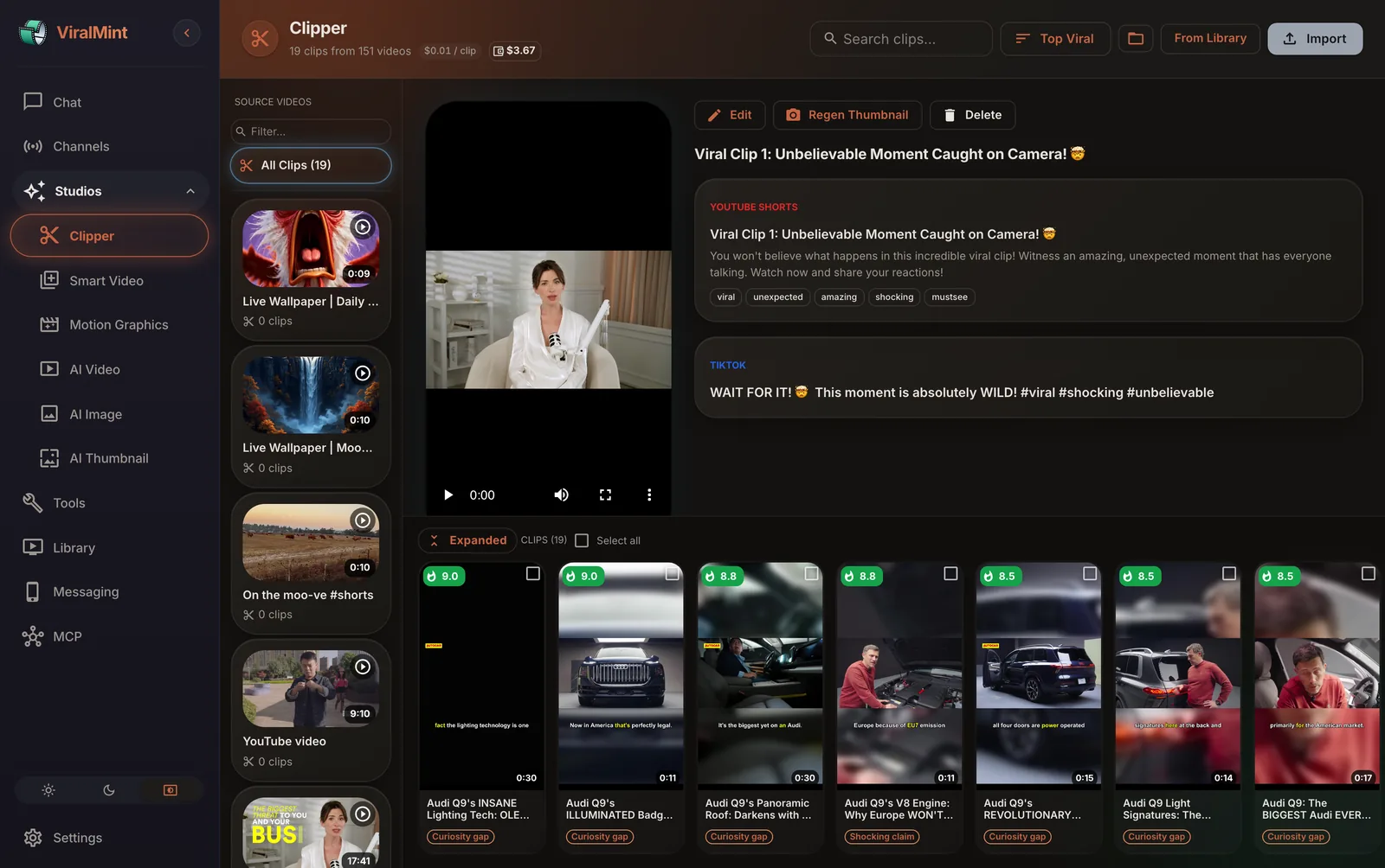 ViralMint Clipper showing a source-video list on the left, the selected clip previewed in 9:16 with its AI-drafted YouTube Shorts and TikTok metadata beside it, and a filmstrip of extracted clips below, each stamped with a virality score and its runtime.