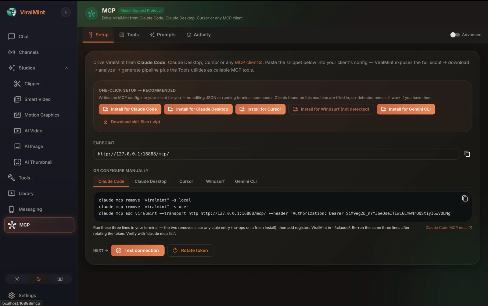 ViralMint MCP page showing the bearer token, endpoint URL, Claude Code config snippets and the tool inventory grouped by workflow stage.