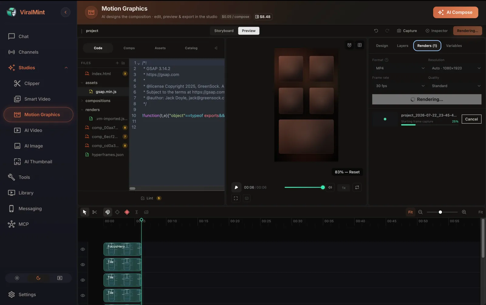 ViralMint Motion Graphics page with the embedded HyperFrames studio — a live composition preview, the Code and timeline tabs, and the AI Compose panel — the engine that renders every Website to Video promo.