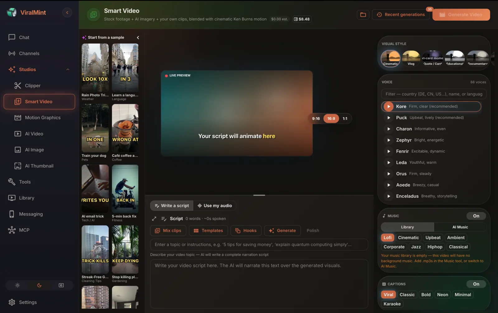 ViralMint Smart Video page showing the topic input, aspect ratio picker, voice selector, music dropdown and a script panel mid-generation.