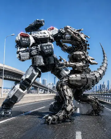 Comic / Storyboard - Police Robot Dinosaur Battle Scene