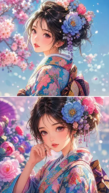 Floral Hairpin Kimono Anime Portrait
