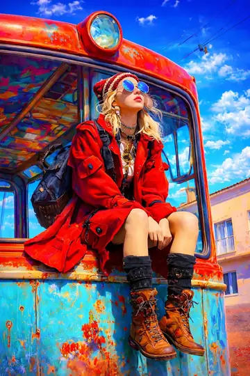 Red Trench Coat Woman on a Vintage Bus