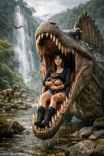 Girl in the Spinosaurus Jaws Prehistoric Scene