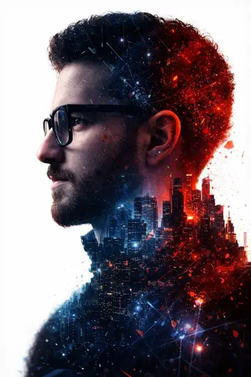 Red-Blue Double-Exposure Future City Youth