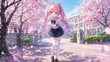 Shy Twin-Tail Girl Under Cherry Blossoms