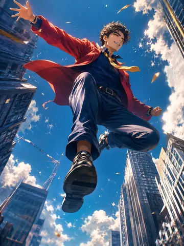 Comic / Storyboard - Anime Hero Leaping Through City Sky