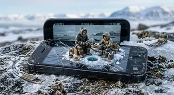 Social Media Post - Miniature Inuit Fishing on Cracked Phone