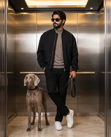 Social Media Post - Stylish Man with Weimaraner in Modern Elevator
