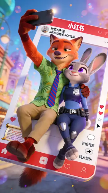 Nick and Judy Xiaohongshu-Style Fourth-Wall-Breaking Selfie