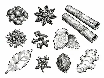 Line Art of Traditional Chinese Seasoning Herbs