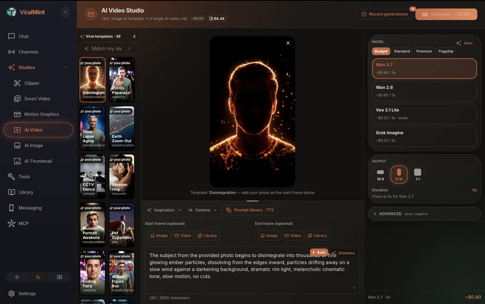 ViralMint AI Video Studio — a viral-template gallery (Disintegration, Time-Lapse Aging, Earth Zoom-Out, Office CCTV Dance) on the left, a 9:16 preview of a person dissolving into glowing embers in the center, and a model picker on the right (Budget / Standard / Premium / Flagship tiers with Wan 2.7, Wan 2.6, Veo 3.1 Lite and Grok Imagine) plus 16:9 / 9:16 / 1:1 output and a prompt library.