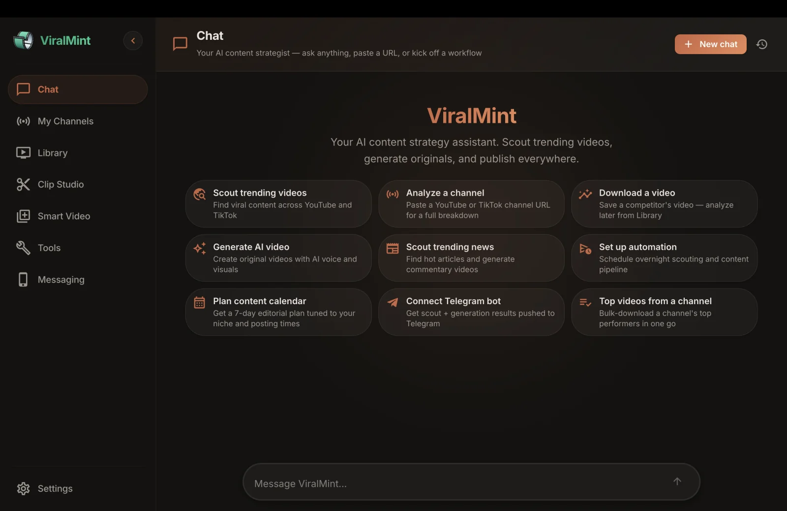 ViralMint Chat page with nine starter capability tiles — Scout trending videos, Analyze a channel, Download a video, Generate AI video, Scout trending news, Set up automation, Plan content calendar, Connect Telegram bot, Top videos from a channel.