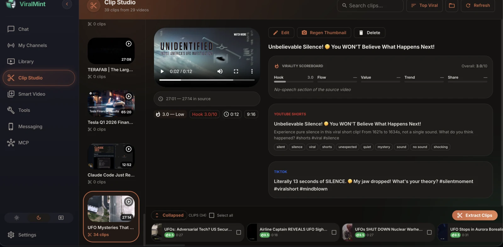 ViralMint Clip Studio page showing a video player previewing an extracted UFO-themed clip, a virality score breakdown panel (Hook / Flow / Value / Trend / Share), and a queue of additional candidate clips with virality scores in the left rail.