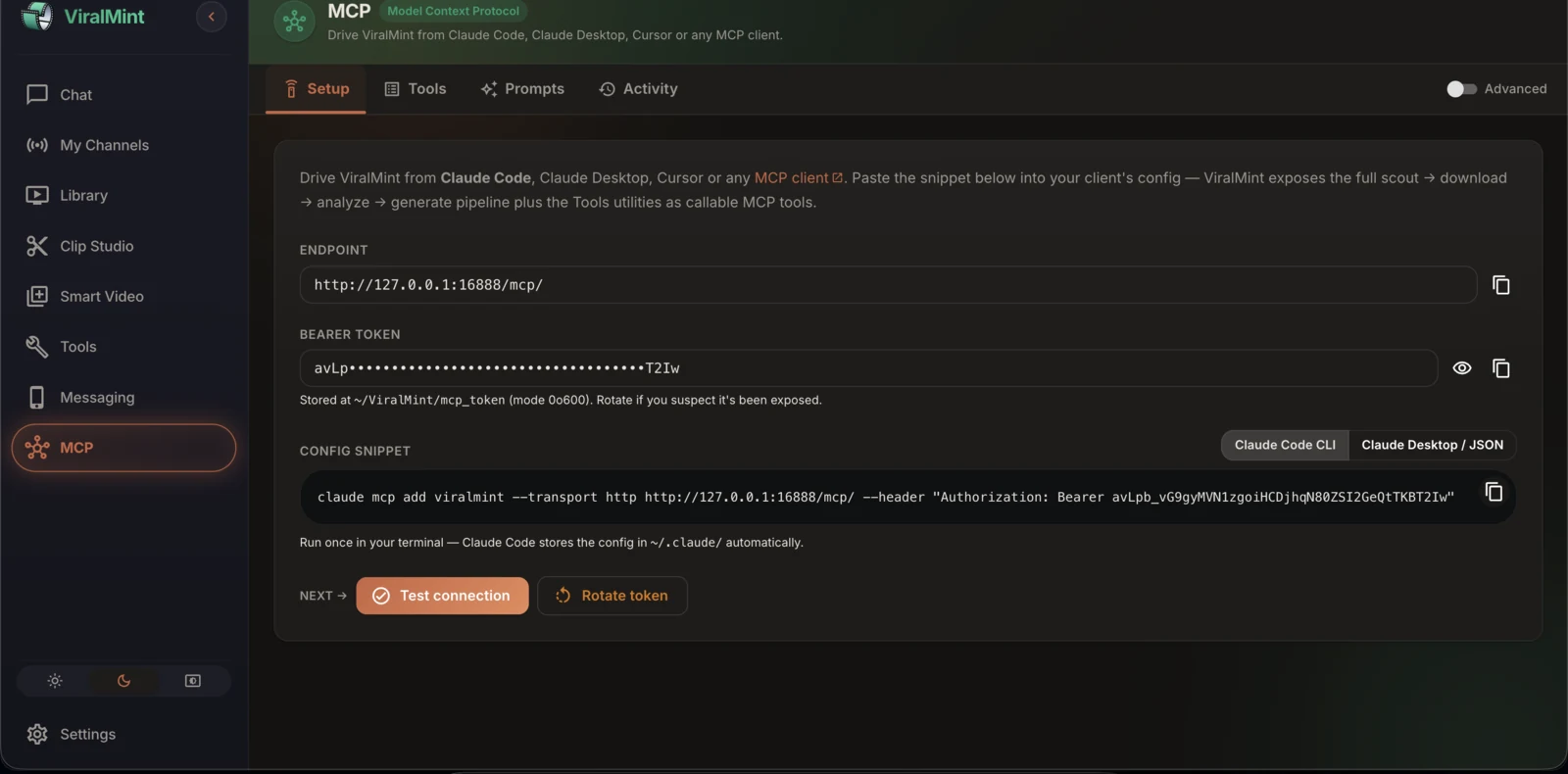 ViralMint MCP settings page in the desktop app showing the Setup tab — local 127.0.0.1:16888/mcp/ endpoint, Bearer token field, Claude Code CLI config snippet ready to paste, and Test connection / Rotate token controls.